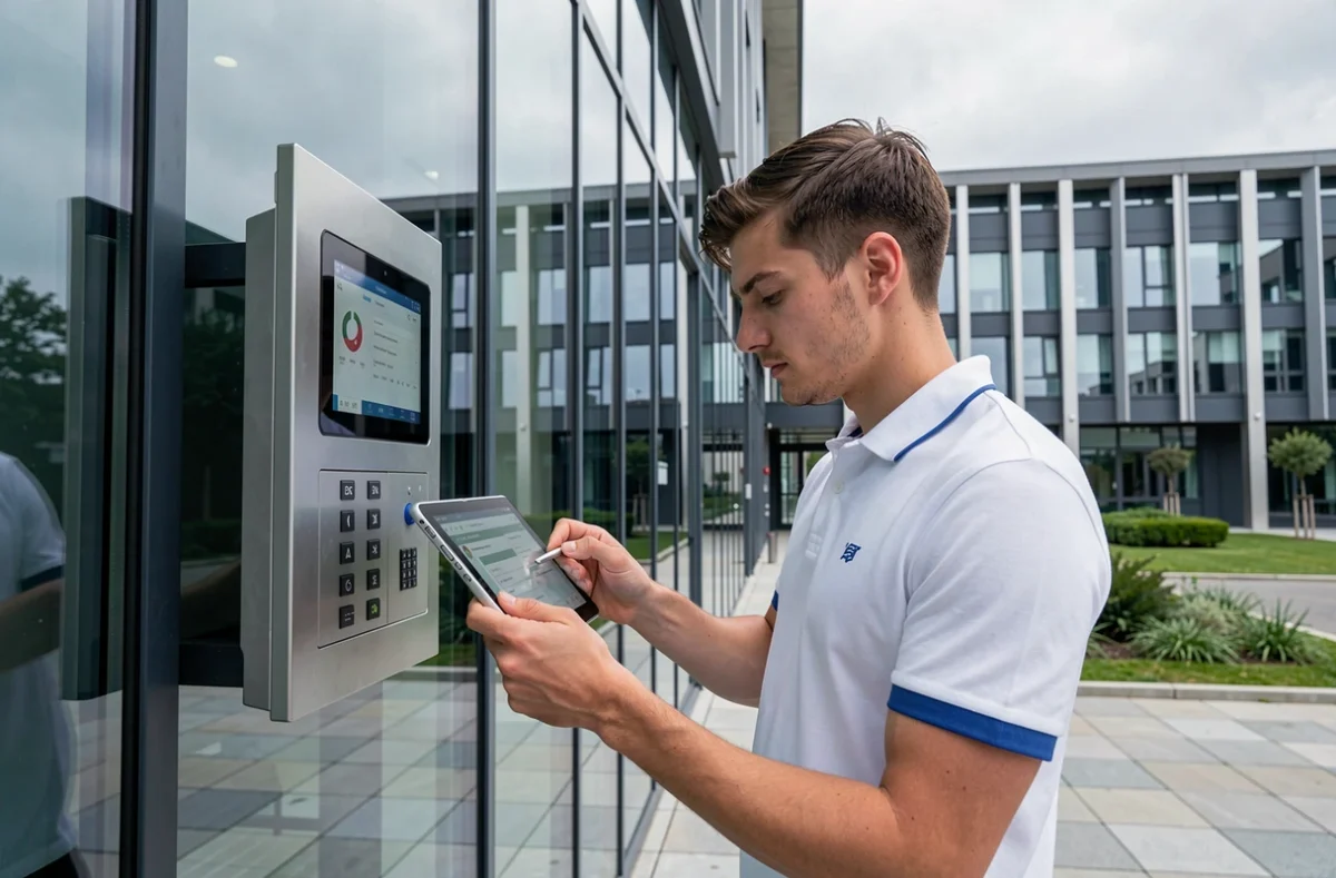 Technicien A3S configurant un système de contrôle d'accès sur un immeuble de bureau moderne à Pau