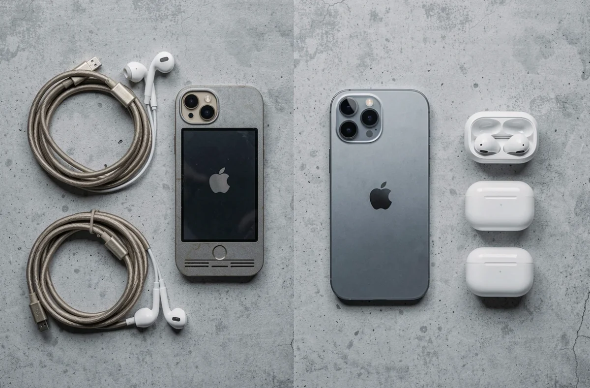 Disposition à plat des accessoires iPhone de la première génération comparés aux accessoires modernes iPhone 15 Pro, montrant l'évolution de l'écosystème Apple sur une surface en béton