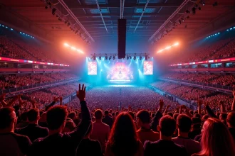Vue panoramique intérieure de l'Accor Arena Paris lors d'un concert avec foule massive et scène illuminée