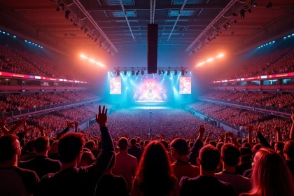 Vue panoramique intérieure de l'Accor Arena Paris lors d'un concert avec foule massive et scène illuminée