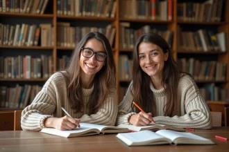 Deux femmes étudiant ensemble les règles d'accord grammatical dans une bibliothèque universitaire