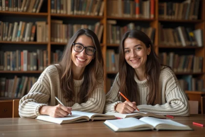 Deux femmes étudiant ensemble les règles d'accord grammatical dans une bibliothèque universitaire