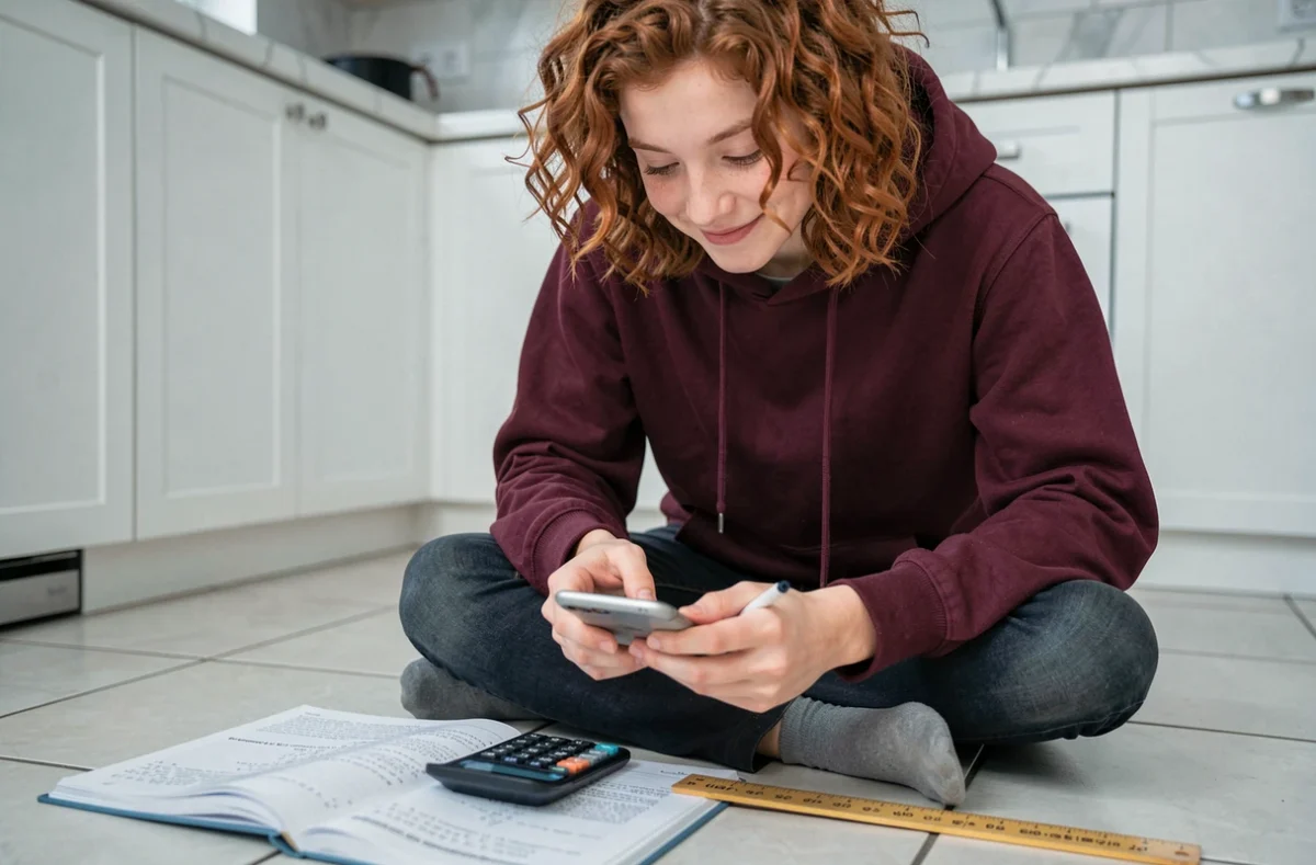 Adolescent apprenant la conversion de pieds en centimètres avec une règle et une calculatrice sur smartphone