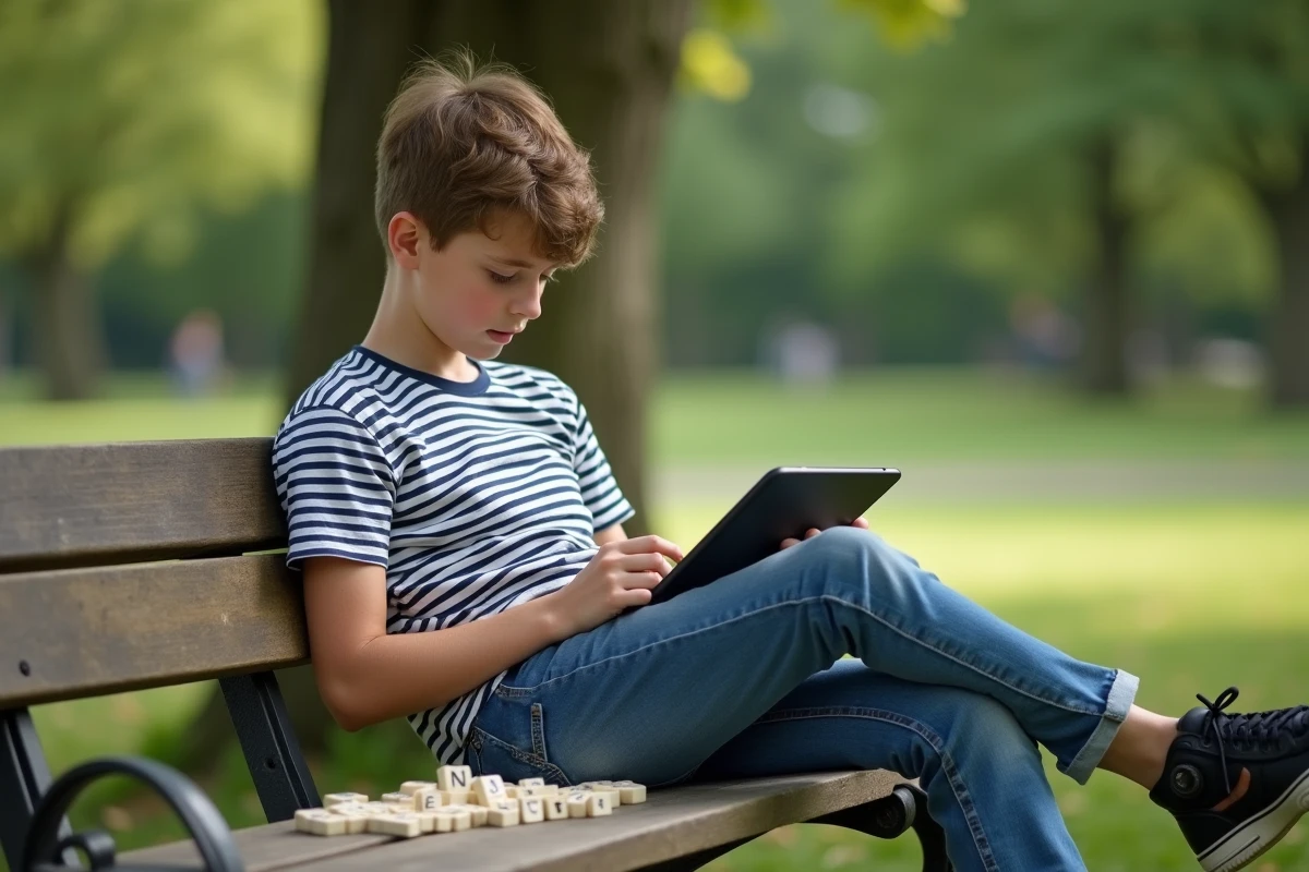 Adolescent jouant au mots croises dans un parc