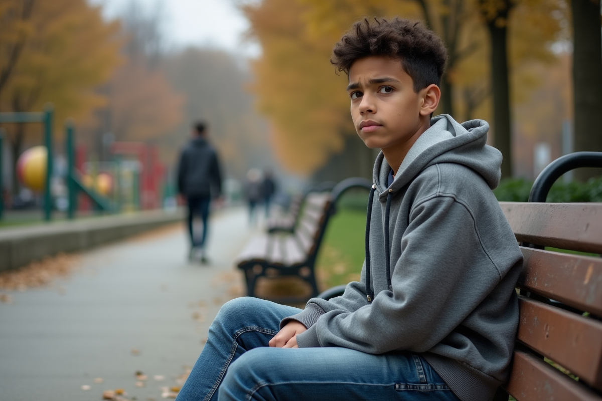 Adolescent assis sur un banc de parc en ville