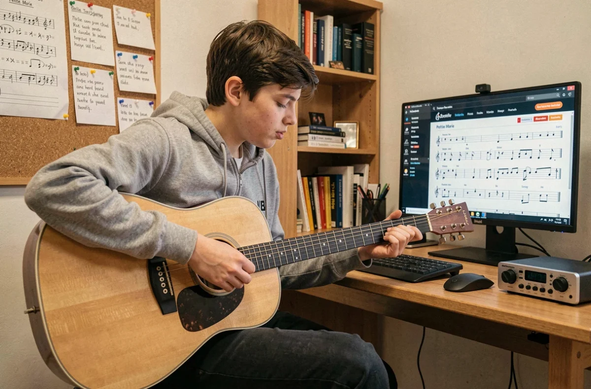 Adolescent apprenant les accords de Petite Marie sur un site de guitare en ligne dans un petit espace de travail musical à domicile