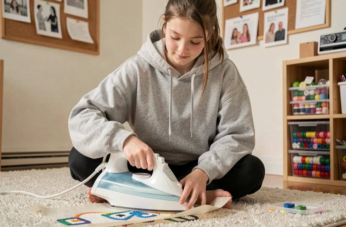Adolescente repassant un modèle perles Stitch avec un fer à repasser et du papier sulfurisé dans une chambre décorée