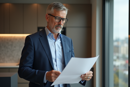 Agent immobilier vérifiant un rapport DPE dans un appartement rénové