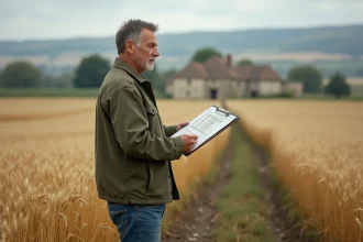 Agriculteur français examinant des données de rotation des cultures dans un champ de blé en Normandie