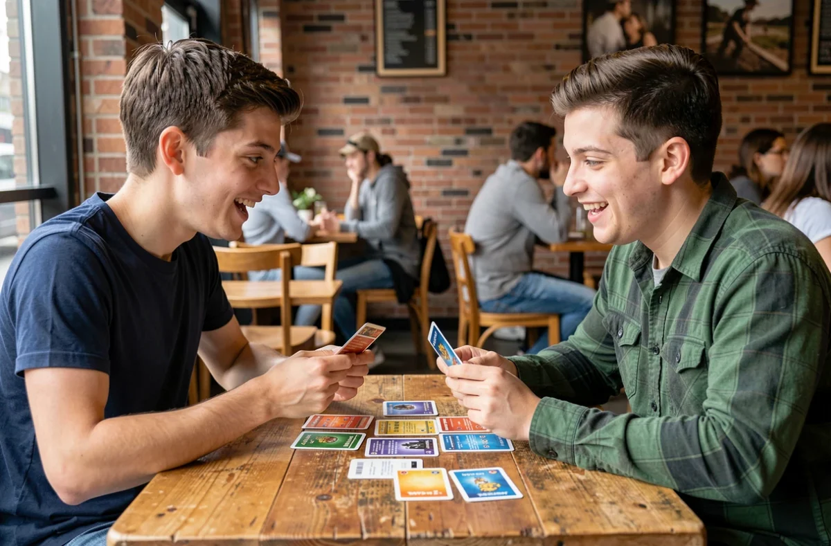 Deux amis collectionneurs comparant leurs cartes Pokémon dans un café pour s'entraider à compléter un set