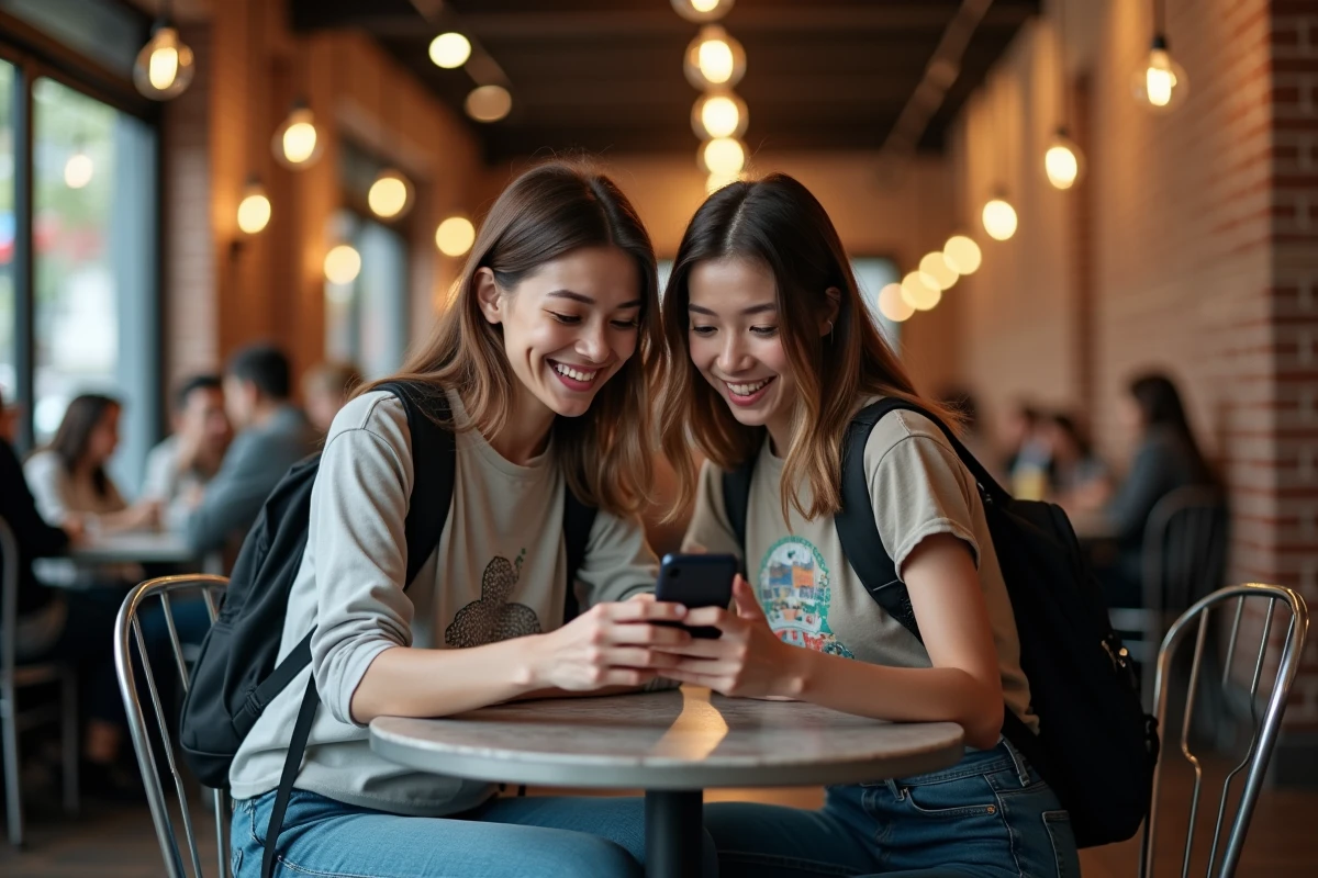 Deux amis partageant la lecture d'un manga ou webtoon en ligne sur smartphone dans un café urbain