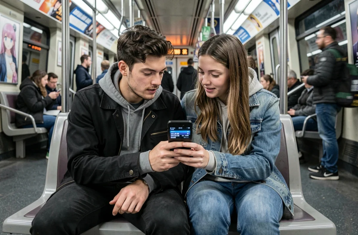 Deux amis consultant ensemble le planning de diffusion d'animes sur mobile dans les transports en commun