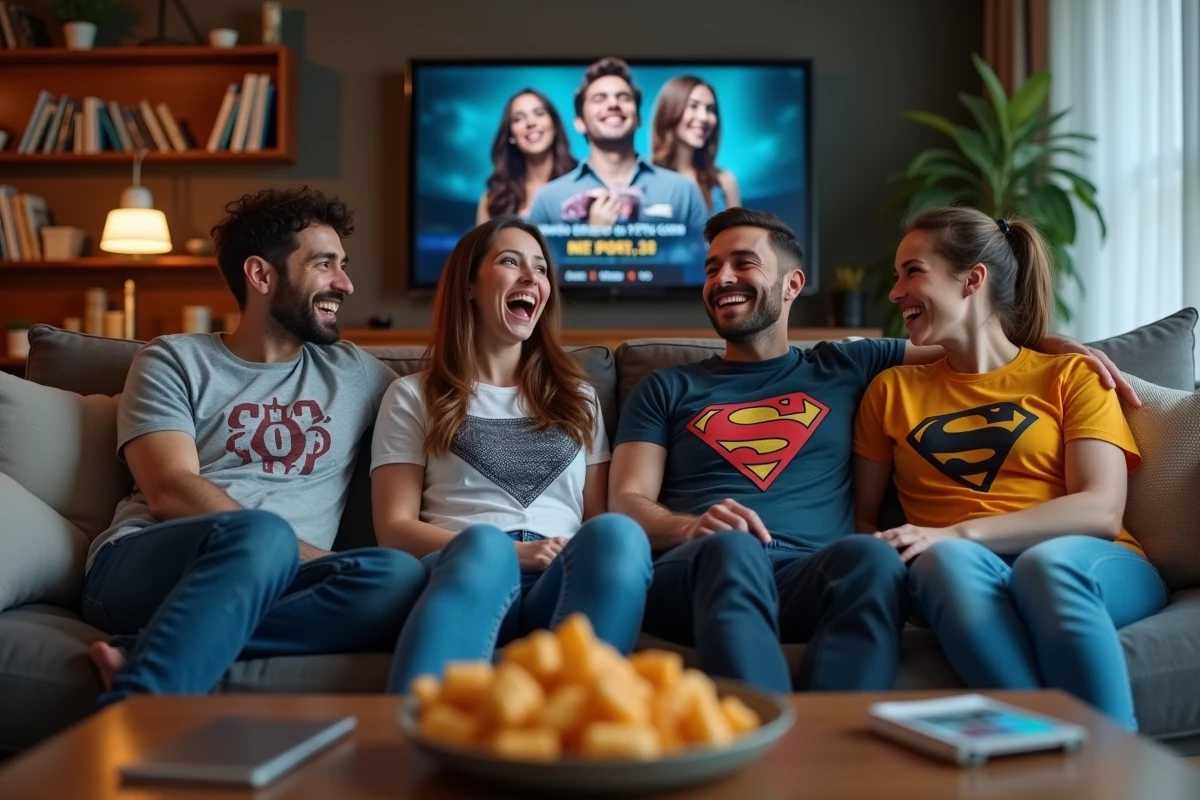 Groupe d'amis riant sur un canapé avec snacks et télé
