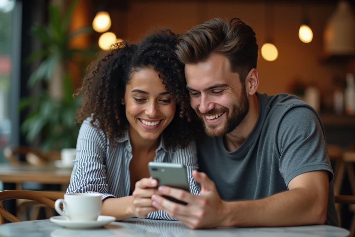 Deux amis cherchant ensemble une solution à une énigme Rooms and Exit sur smartphone dans un café urbain