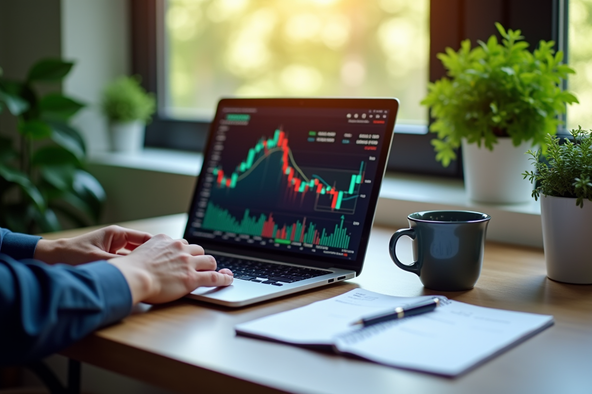 Analyste financier examine un graphique ETF coloré sur un ordinateur