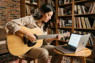 Jeune femme apprenant les accords de Petite Marie à la guitare acoustique en regardant une tablature sur ordinateur portable dans un salon chaleureux