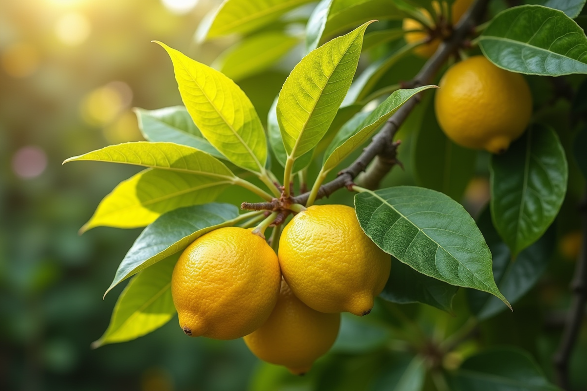 Arbre citronnier sain avec feuilles vertes et jaunes en extérieur