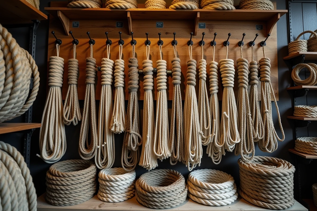 Assortiment de cordages variés suspendus dans une corderie maritime traditionnelle avec étiquettes en papier