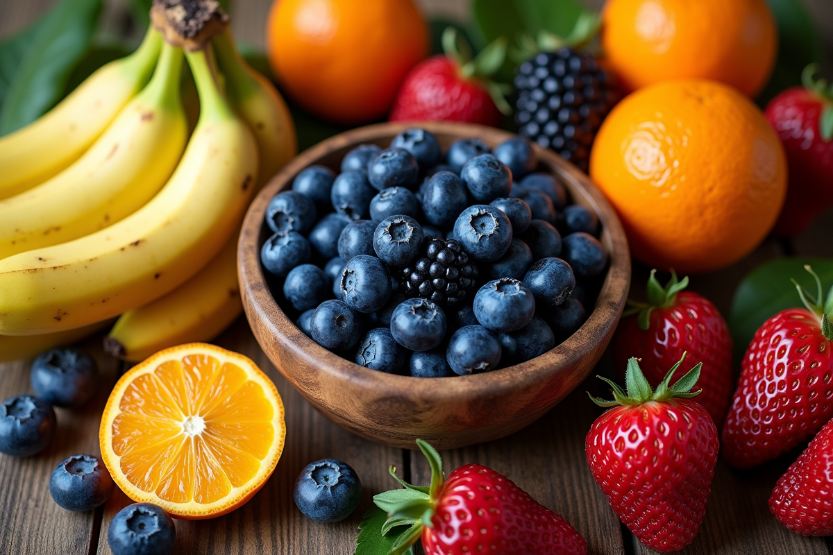Assortiment de fruits de saison commençant par B vue de dessus