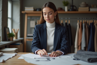 Femme en atelier de mode examinant des échantillons de tissus