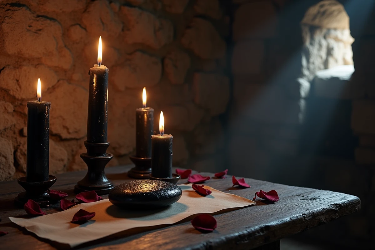 Autel rituel avec trois bougies noires allumées, pierre d'obsidienne et pétales séchés sur table en bois rustique