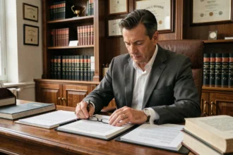 Avocat en costume gris consultant l'article 750-1 du Code de procédure civile dans un bureau juridique
