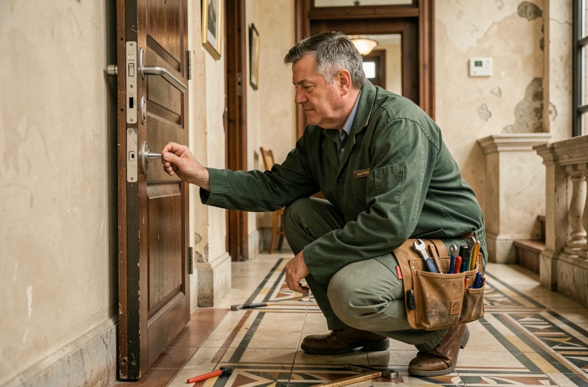 Serrurier Basca installant une serrure blindée dans le hall d'un immeuble résidentiel de Biarritz