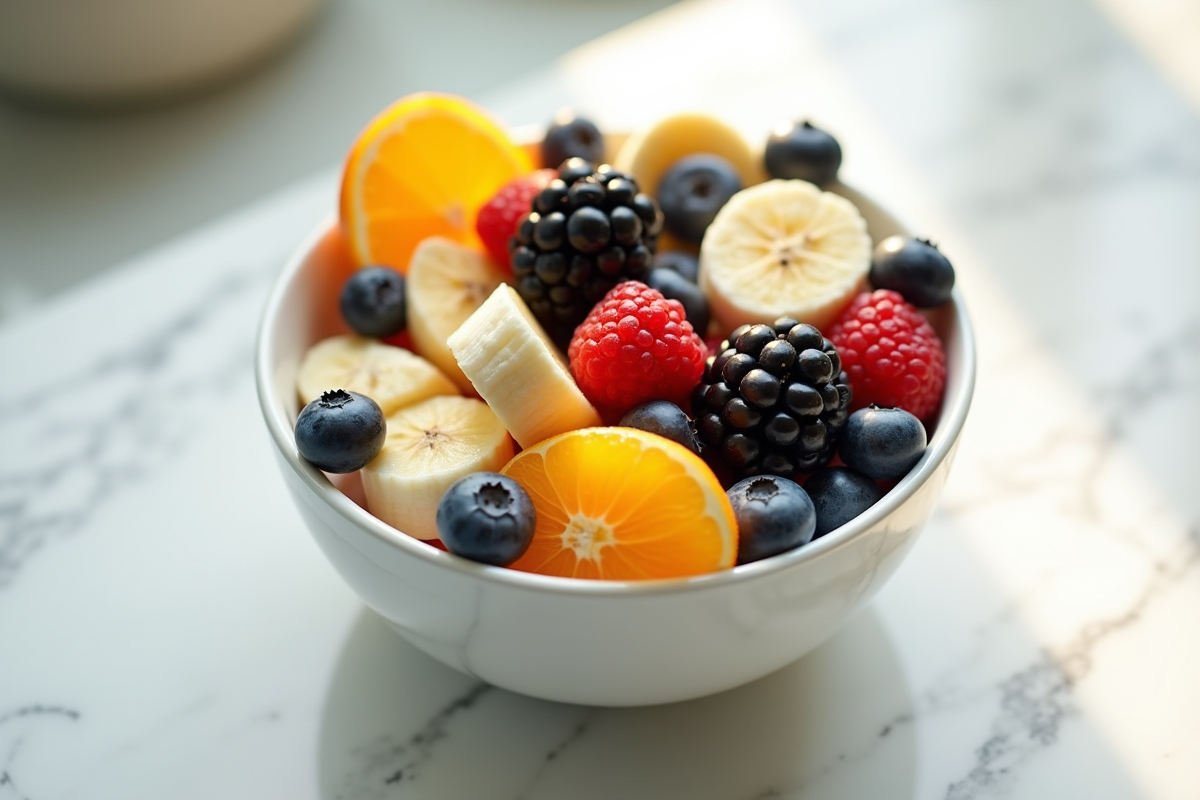 Bol de fruits frais B sur plan de travail en marbre
