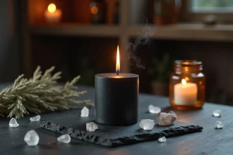 Bougie noire allumée entourée de cristaux de quartz et de sauge séchée sur une ardoise sombre pour la protection énergétique