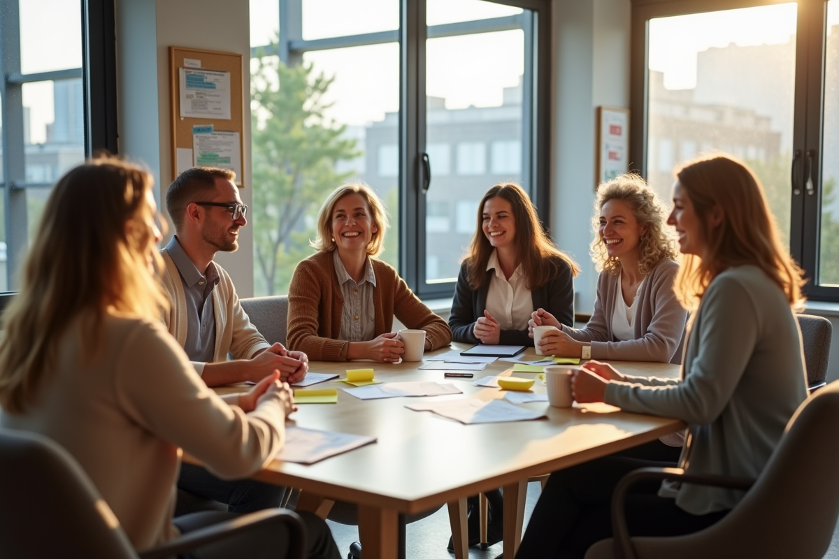 Équipe intergénérationnelle en brainstorming dans un espace convivial