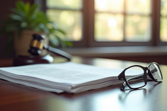 Bureau de justice avec documents et marteau de juge