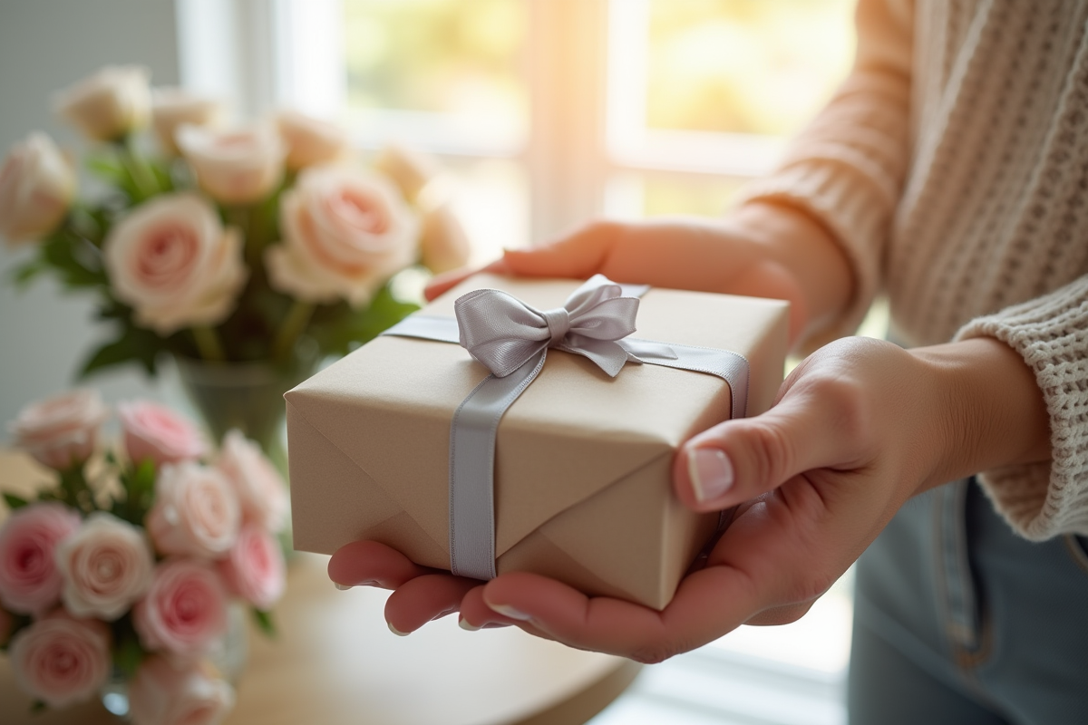 Mains tenant un cadeau emballé avec ruban argenté et fleurs