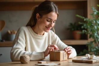 Femme préparant un cadeau personnalisé à moins de 5 euros avec papier kraft et ruban sur une table en bois rustique