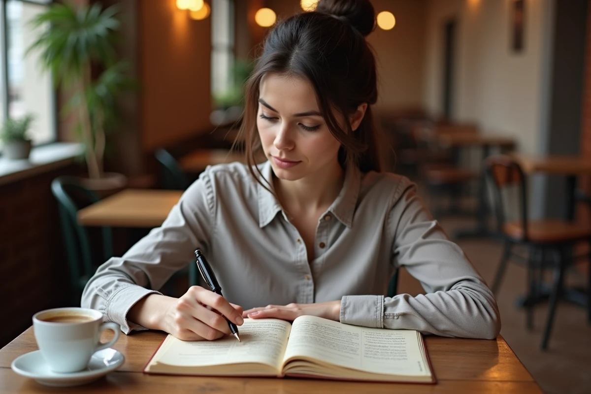 Femme effectuant des calculs mentaux de conversion miles en kilomètres dans un carnet sur une table de café avec une carte routière