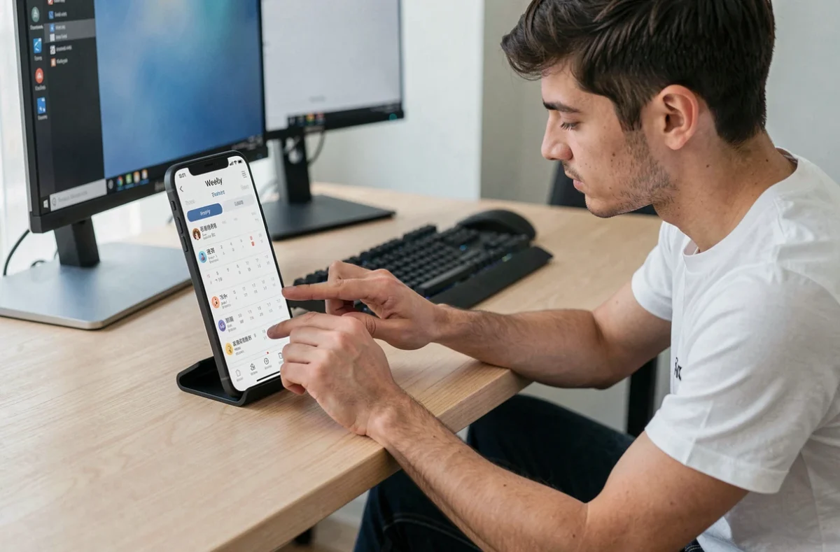 Jeune homme vérifiant son calendrier de diffusion d'animes sur mobile depuis un bureau minimaliste avec setup informatique