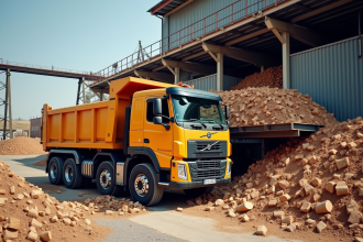 Camion à plancher mobile déchargeant des copeaux de bois à une usine de recyclage