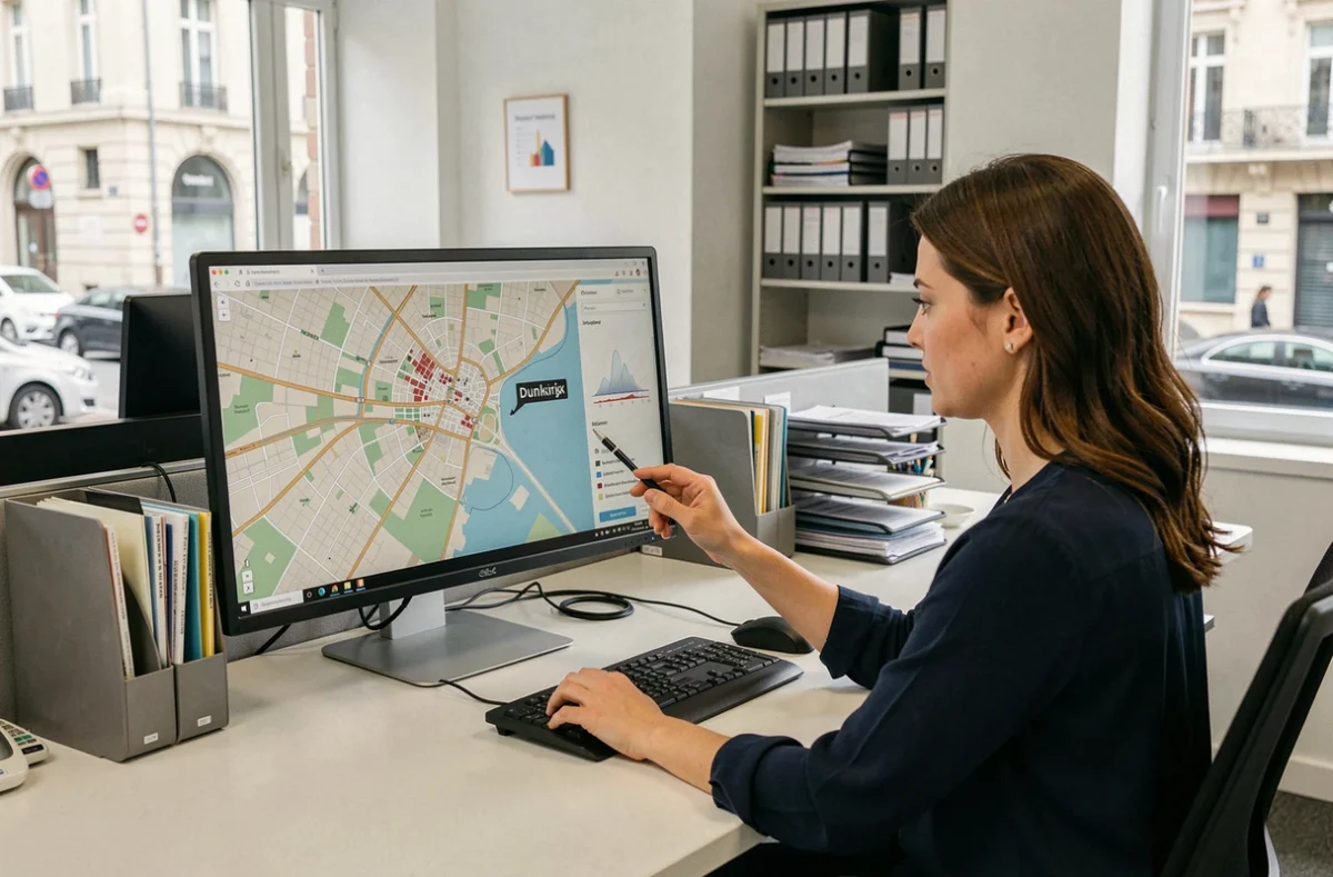 Employée administrative consultant une carte interactive des codes postaux de Dunkerque sur un écran d'ordinateur dans un bureau officiel
