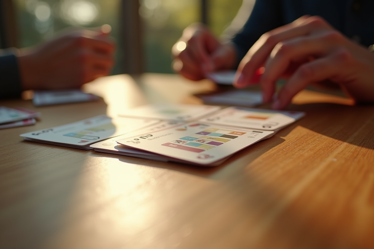 Gros plan sur cartes Mille Bornes et mains jouant