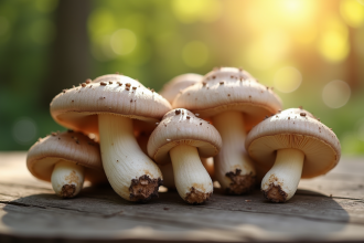Champignons chanterelle gris frais sur une table en bois rustique