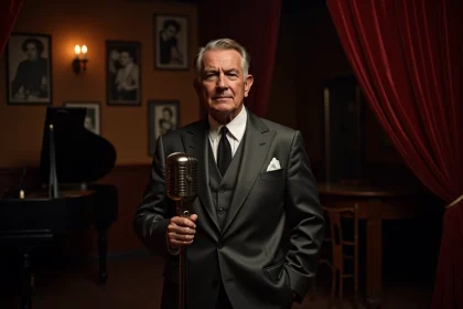 Chanteur français des années 60 en costume cintré devant un micro vintage dans un cabaret parisien au décor d'époque
