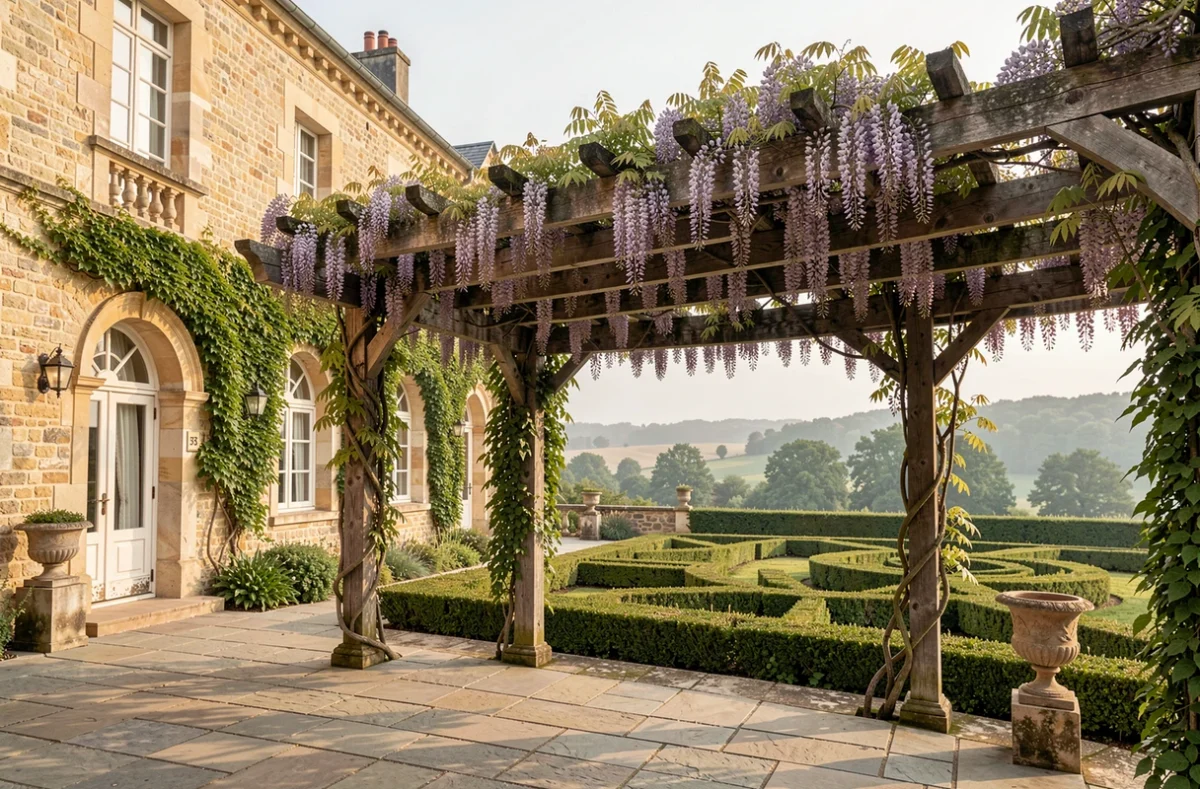 Terrasse de réception du Château de Chanet au Périgord, avec pergola en bois et jardin à la française