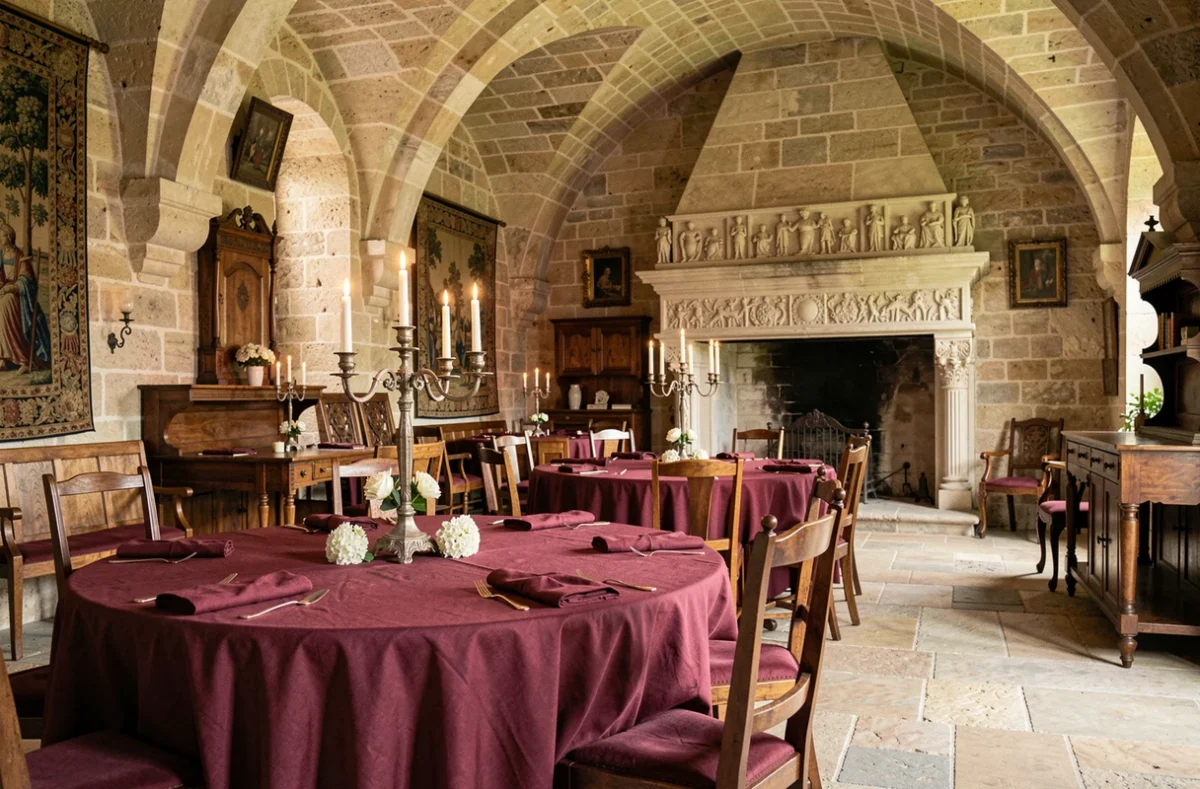 Salle de réception médiévale du Château de la Couronne en Charente avec voûtes en pierre, cheminée sculptée et tables dressées