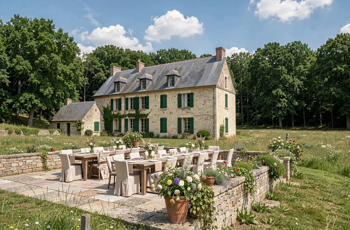 Manoir du Château de la Faye en Corrèze avec terrasse de réception champêtre et forêt de chênes en arrière-plan