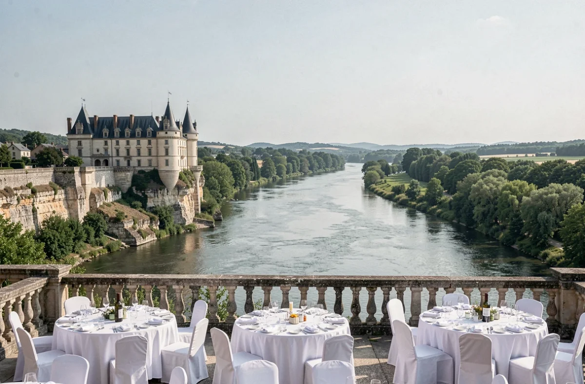Terrasse de réception du Château de la Rivière en Fronsac surplombant la vallée de l'Isle avec vue panoramique