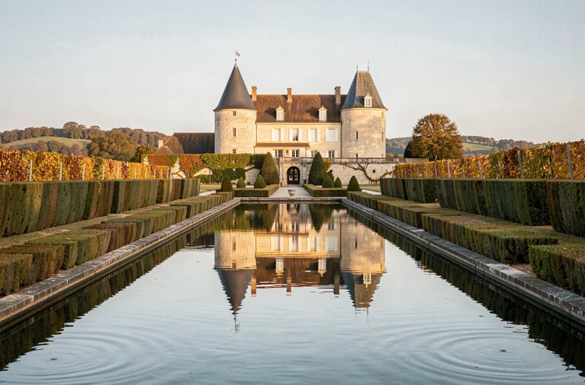 Château de Pressac à Saint-Émilion avec son donjon médiéval et l'aile Renaissance reflétés dans le bassin ornemental