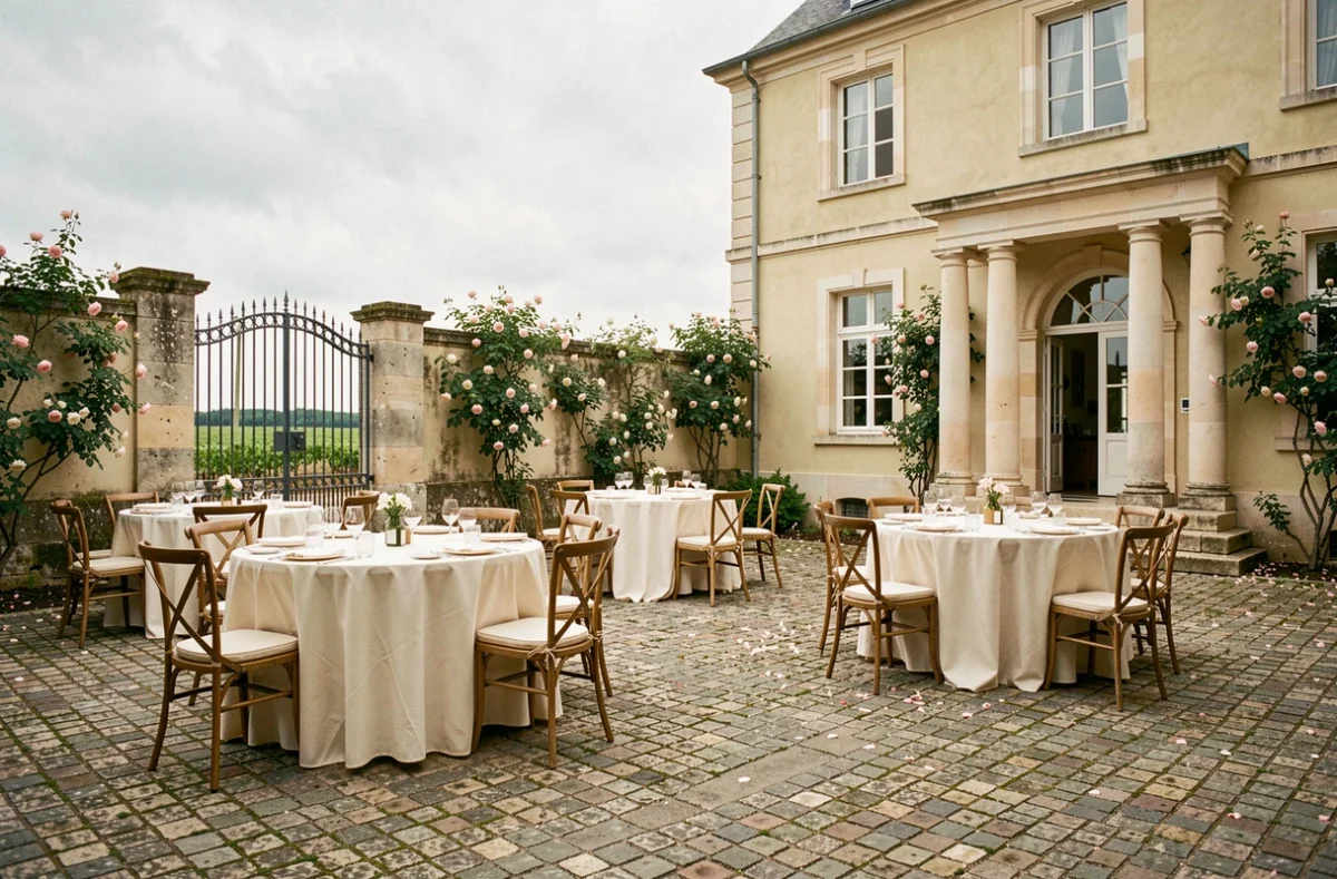 Cour intérieure du Château Pontac Lynch dans le Médoc, dressée pour un banquet avec tables en lin et roses grimpantes