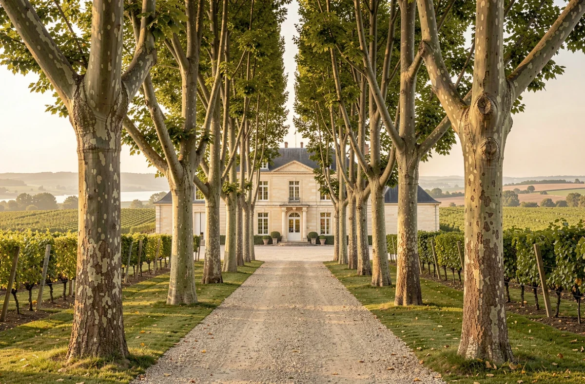 Allée de platanes menant au Château Sénailhac dans l'Entre-Deux-Mers, avec façade chartreuse girondine en pierre calcaire