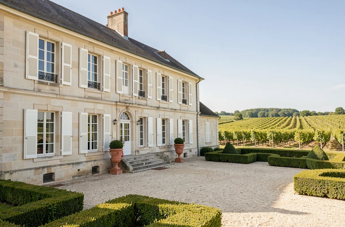Façade extérieure du Château Sentout en Gironde, avec cour en gravier et vignes en arrière-plan