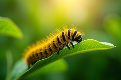 Chenille jaune et noire sur une feuille verte en jardin