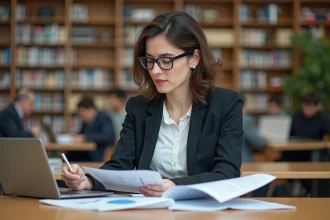 Chercheuse en sciences sociales consultant des revues académiques dans une bibliothèque universitaire moderne